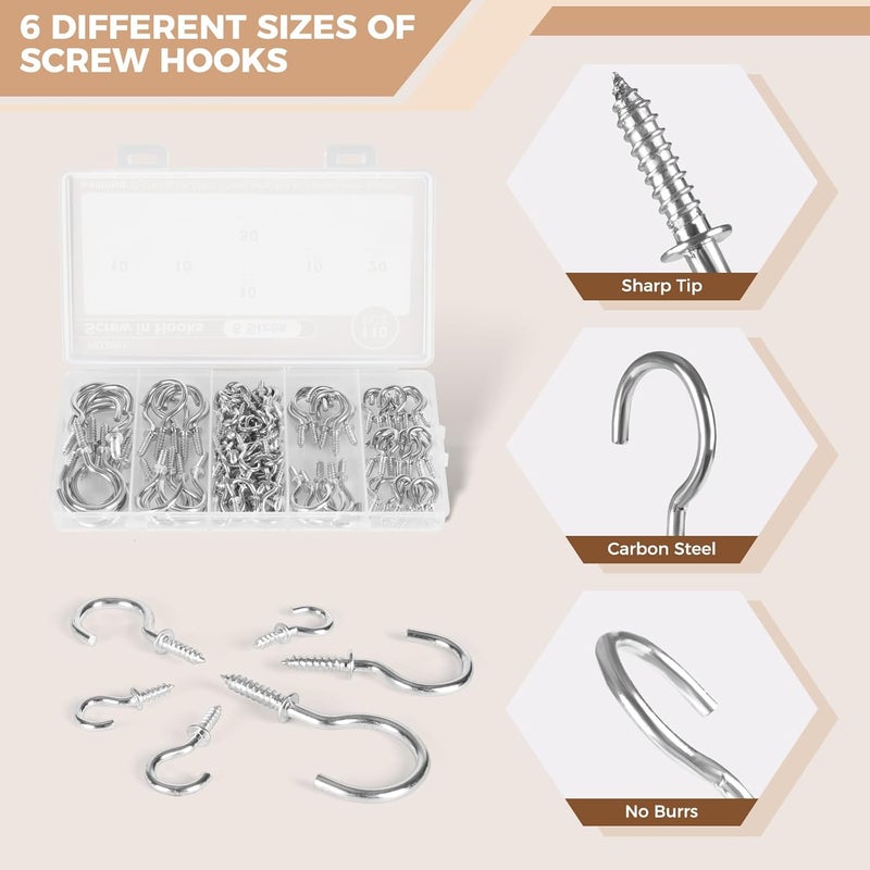 RELBRO Screw Hooks, 6 Sizes Metal Screw in Cup Hooks, 1/2 Inch, 5/8 Inch, 3/4 Inch, 7/8 Inch, 1 Inch, 1-1/4 Inch, Silver, 110 Pcs - Image 4
